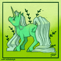 Size: 4359x4359 | Tagged: safe, artist:stellarbyte, oc, pony, unicorn, border, cute, eyebrows, eyelashes, full body, green background, green coat, green eyes, hooves, horn, lidded eyes, long hair, plant, simple background, solo, unicorn horn