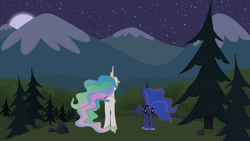 Size: 1920x1080 | Tagged: safe, artist:90sigma, artist:boneswolbach, princess celestia, princess luna, alicorn, pony, g4, butt, female, mare, mountain, mountain range, night, pine tree, plot, scenery, tree