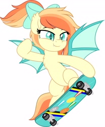 Size: 3392x4096 | Tagged: safe, artist:jhayarr23, oc, oc only, oc:sunshine drift, bat pony, pony, bat pony oc, bipedal, bow, chest fluff, commission, eyebrows, eyelashes, female, hair bow, high res, mare, ponytail, pose, simple background, skateboard, skateboarding, smiling, solo, spread wings, vector, white background, wings, ych result