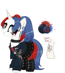 Size: 2299x2603 | Tagged: safe, artist:kellysweet1, derpibooru exclusive, oc, oc only, oc:side-splitter, pony, unicorn, badge, bisexual pride flag, boots, clothes, collar, ear piercing, earring, eyeshadow, female, grin, high res, jacket, jewelry, leather jacket, makeup, mare, piercing, pigtails, pin, pride, pride flag, running makeup, shirt, shoes, simple background, skirt, smiling, socks, solo, stockings, t-shirt, tattoo, thigh highs, transparent background, twintails
