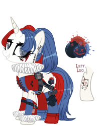 Size: 2299x2603 | Tagged: safe, artist:kellysweet1, derpibooru exclusive, oc, oc only, oc:side-splitter, pony, unicorn, ammunition, ammunition belt, belt, boots, clothes, corset, ear piercing, earring, eyeshadow, female, gloves, grenade, grin, gun, handgun, high res, holster, jewelry, makeup, mare, piercing, pigtails, pistol, running makeup, shoes, simple background, smiling, socks, solo, stockings, tattoo, thigh highs, transparent background, twintails, weapon