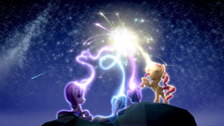 Size: 3840x2160 | Tagged: safe, artist:nebby14, starlight glimmer, sunset shimmer, trixie, twilight sparkle, alicorn, pony, unicorn, g4, 3d, 4k, cute, fireworks, group, group shot, happy new year, high res, holiday, magic, magic aura, magical quartet, mountain, new year, night, night sky, rearing, shooting star, sky, source filmmaker, space, stars, twilight sparkle (alicorn), wallpaper