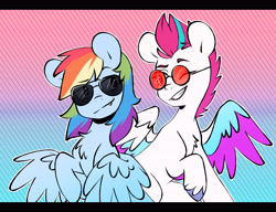 Size: 4325x3319 | Tagged: safe, artist:chub-wub, rainbow dash, zipp storm, pegasus, pony, g5, my little pony: a new generation, aviator sunglasses, chest fluff, colored hooves, colored wings, cool, cute, cute little fangs, duo, fangs, female, geometric background, glasses, gradient background, grin, high res, looking at each other, looking at someone, mare, multicolored wings, one eye closed, outline, partially open wings, raised hoof, round glasses, smiling, smug, sunglasses, unshorn fetlocks, white outline, wings