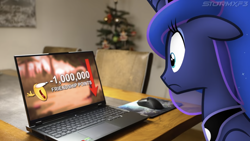 Size: 1334x750 | Tagged: safe, artist:stormxf3, princess luna, alicorn, pony, g4, computer, ears back, emotes, laptop computer, luna's friendship test, shocked, social credit, solo, trollight sparkle