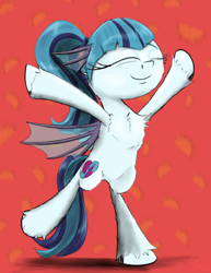 Size: 1550x2012 | Tagged: safe, artist:chopsticks, sonata dusk, pony, equestria girls, g4, bipedal, cheek fluff, chest fluff, cute, eyes closed, female, fin ears, fin wings, fins, food, mare, ponified, smiling, solo, sonatabetes, taco, unshorn fetlocks, wings