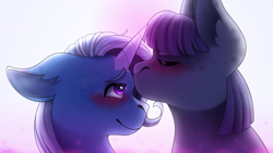 Size: 1280x720 | Tagged: safe, artist:radpanda426, maud pie, trixie, earth pony, pony, unicorn, g4, blushing, bust, duo, duo female, eyes closed, female, lesbian, mare, ship:mauxie, shipping, smiling