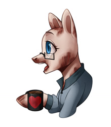 Size: 1280x1463 | Tagged: safe, artist:cried wolf, oc, oc only, pony, blue eyes, bust, clothes, glasses, mug, open mouth, profile, simple background, solo, white background