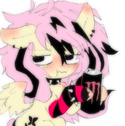 Size: 593x598 | Tagged: safe, artist:knwives, fluttershy, pegasus, pony, g4, alternate cutie mark, arm warmers, blushing, choker, clothes, cute, ear piercing, emo, emoshy, female, monster energy, piercing, shyabetes, simple background, solo, spiked choker, spiked wristband, two toned mane, white background, wristband