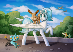 Size: 1280x914 | Tagged: safe, artist:cried wolf, oc, oc only, eevee, pegasus, pidgey, pony, shinx, snivy, crossover, female, mare, pokémon, walking