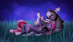 Size: 1280x739 | Tagged: safe, artist:cried wolf, oc, oc only, alicorn, bat pony, pony, alicorn oc, duo, horn, night, wings