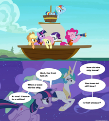 Size: 1280x1428 | Tagged: safe, edit, screencap, applejack, fluttershy, pinkie pie, princess celestia, rainbow dash, rarity, twilight sparkle, alicorn, pony, all bottled up, g4, horse play, angry, best friends until the end of time, boat, cloud, disappointed, duo, female, flying, lifejacket, mane six, sailboat, sailboat of friendship, ship, telescope, the front fell off, twilight sparkle (alicorn), worried