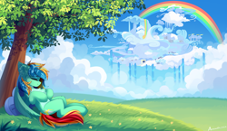 Size: 8000x4651 | Tagged: safe, artist:airiniblock, oc, oc only, oc:typh, pegasus, pony, rcf community, absurd resolution, chest fluff, cloudsdale, detailed background, ear fluff, eyes closed, grass, grass field, pale belly, pegasus oc, rainbow, scenery, sky, smiling, solo, tree