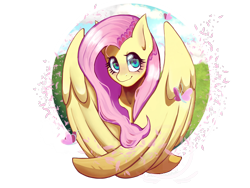 Size: 2160x1620 | Tagged: safe, artist:thunderskeleton13, fluttershy, butterfly, pegasus, pony, g4, blushing, bust, cute, female, mare, portrait, shyabetes, simple background, solo, spread wings, transparent background, wings
