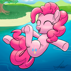 Size: 2000x2000 | Tagged: safe, artist:stellardust, derpibooru exclusive, pinkie pie, earth pony, pony, g4, eyes closed, falling, female, happy, high res, lake, solo, tree, upside down