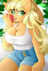 Size: 1920x2846 | Tagged: safe, artist:sk-ree, applejack, earth pony, anthro, g4, apple, big breasts, breasts, busty applejack, chest fluff, cleavage, cleavage fluff, clothes, cute, daisy dukes, food, jackabetes, looking at you, open mouth, open smile, shirt, shorts, smiling, solo, tank top
