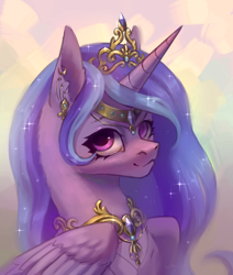 Size: 2200x2600 | Tagged: safe, artist:miurimau, oc, oc only, oc:stardust sunlight, alicorn, pony, alicorn oc, art trade, bust, crown, ear piercing, earring, ethereal mane, female, high res, horn, jewelry, mare, peytral, piercing, regalia, smiling, solo, starry mane, wings