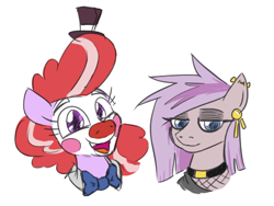 Size: 424x319 | Tagged: safe, artist:jargon scott, oc, oc:clown pony, oc:nada phase, earth pony, pony, bowtie, bust, choker, clown, clown makeup, duo, ear piercing, earring, eyeshadow, female, fishnet clothing, goth, hat, jewelry, lidded eyes, looking at you, makeup, mare, open mouth, open smile, piercing, siblings, simple background, sisters, smiling, smiling at you, tiny hat, top hat, white background