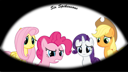Size: 3000x1708 | Tagged: safe, artist:sirspikensons, applejack, fluttershy, pinkie pie, rarity, earth pony, pegasus, pony, unicorn, g4, read it and weep, season 2, female, frown, high res, mare, offscreen character, pov, simple background, teeth, transparent background, vector, worried