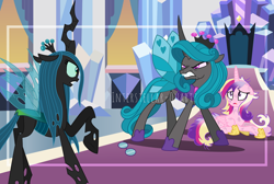 Size: 3840x2581 | Tagged: safe, artist:interstellar-quartz, idw, princess cadance, queen chrysalis, alicorn, changeling, changeling queen, pony, g4, angry, chrysalis encounters herself, chrysalis meets reversalis, female, frown, glare, gritted teeth, high res, idw showified, lying down, mare, mirror universe, open mouth, prone, protecting, raised hoof, reversalis, self paradox, show accurate, trio, trio female