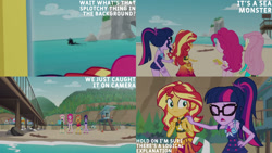 Size: 1280x720 | Tagged: safe, edit, edited screencap, editor:quoterific, screencap, fluttershy, pinkie pie, sci-twi, sunset shimmer, timber spruce, twilight sparkle, equestria girls, equestria girls series, g4, unsolved selfie mysteries, bare shoulders, beach, cellphone, clothes, eyes closed, female, geode of empathy, geode of fauna, geode of sugar bombs, geode of telekinesis, glasses, hairpin, hand on hip, jewelry, magical geodes, male, necklace, one-piece swimsuit, open mouth, phone, ponytail, sandals, sleeveless, smartphone, swimsuit