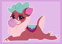Size: 4000x2876 | Tagged: safe, artist:mrneo, pomfy, deer, reindeer, them's fightin' herds, antlers, bubblegum, community related, cute, female, food, gum, looking at you, lying down, pink background, prone, simple background, solo