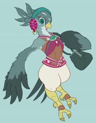 Size: 3188x4096 | Tagged: safe, artist:noupu, gabby, rito, g4, bag, beak, colored, cute, female, flat colors, green background, open mouth, simple background, solo, species swap, the legend of zelda, the legend of zelda: breath of the wild, wing hands, wings