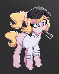 Size: 1904x2370 | Tagged: safe, artist:kindakismet, earth pony, pony, cap, clothes, female, five nights at freddy's, five nights at freddy's: security breach, flashlight (object), hat, mare, mouth hold, ponified, shirt, solo, unamused, vanessa (five nights at freddy's), white pupils