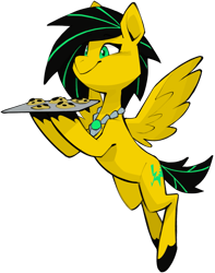 Size: 1499x1901 | Tagged: safe, artist:dar, oc, oc only, oc:lightning bug, pegasus, pony, fanfic:song of seven, black mane, chocolate chip cookie, clothes, cookie, flying, food, gem, jewelry, necklace, pegasus oc, simple background, transparent background, tray, wings