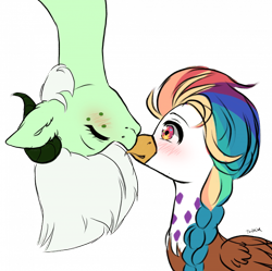 Size: 700x697 | Tagged: safe, artist:torihime, oc, oc:rainbow feather, dracony, dragon, griffon, hybrid, blushing, braid, cute, interspecies offspring, kissing, magical lesbian spawn, multicolored hair, offspring, parent:gilda, parent:rainbow dash, parents:gildash, rainbow hair, simple background, sparks the dracony, transparent background, upside down