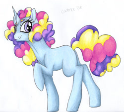 Size: 1623x1460 | Tagged: safe, artist:ask-y, oc, oc only, pony, unicorn, eyelashes, female, horn, magical lesbian spawn, mare, offspring, parent:pinkie pie, parent:princess cadance, parents:cadancepie, simple background, smiling, solo, traditional art, unicorn oc, white background