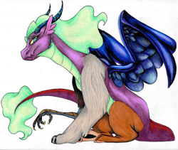 Size: 1986x1680 | Tagged: safe, artist:ask-y, oc, oc only, draconequus, draconequus oc, interspecies offspring, magical threesome spawn, multiple parents, offspring, parent:discord, parent:nightmare moon, parent:spike, simple background, traditional art, white background