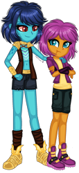 Size: 720x1579 | Tagged: safe, artist:fantarianna, princess ember, smolder, human, equestria girls, g4, :t, blue eyes, blue hair, clothes, crossed arms, duo, equestria girls-ified, female, hand on shoulder, humanized, not scootaloo, pants, purple hair, shirt, shoes, shorts, simple background, size difference, sleeveless, smiling, sneakers, tomboy, transparent background, vest
