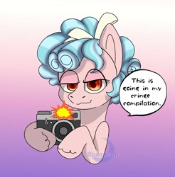Size: 1336x1357 | Tagged: safe, artist:bluemoon, cozy glow, earth pony, pony, g4, camera, camera flashes, commission, cringe compilation, female, filly, foal, looking at you, smug, solo, ych result