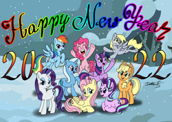 Size: 3508x2481 | Tagged: safe, artist:memprices, applejack, derpy hooves, fluttershy, pinkie pie, rainbow dash, rarity, starlight glimmer, trixie, twilight sparkle, alicorn, earth pony, pegasus, pony, unicorn, g4, female, happy new year 2022, high res, mane six, snow, snowfall, twilight sparkle (alicorn)