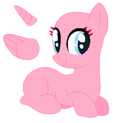 Size: 283x288 | Tagged: safe, artist:awoomarblesoda, oc, oc only, earth pony, pony, bald, base, earth pony oc, eyelashes, female, horn, lying down, mare, prone, simple background, smiling, solo, white background, wings