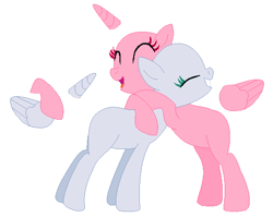 Size: 514x410 | Tagged: safe, artist:awoomarblesoda, oc, oc only, earth pony, pony, base, duo, earth pony oc, eyelashes, eyes closed, female, grin, horn, hug, mare, simple background, smiling, white background, wings