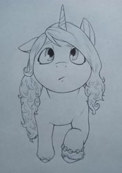 Size: 2818x3972 | Tagged: safe, artist:public mistake, izzy moonbow, pony, unicorn, g5, female, grayscale, high angle, high res, looking up, mare, monochrome, solo, traditional art