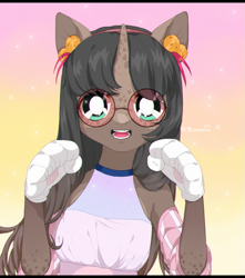 Size: 1353x1530 | Tagged: safe, artist:qawakie, oc, oc only, cat, cat pony, original species, anthro, abstract background, bust, clothes, commission, female, glasses, horn, smiling, solo, ych result