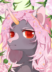 Size: 1000x1400 | Tagged: safe, artist:qawakie, oc, oc only, pony, unicorn, bust, ear piercing, earring, flower, frown, horn, jewelry, piercing, solo, unicorn oc