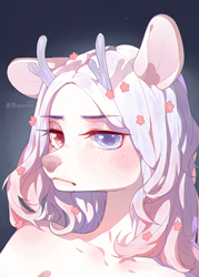 Size: 1000x1400 | Tagged: safe, artist:qawakie, oc, oc only, anthro, antlers, bust, frown, heterochromia, solo