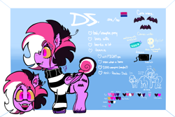 Size: 1800x1200 | Tagged: safe, artist:dsstoner, oc, bat pony, pony, undead, vampire, vampony, bisexual pride flag, bracelet, clothes, cutie mark, ear piercing, eyebrow piercing, eyeshadow, female, glasses, jewelry, lipstick, makeup, mare, piercing, ponysona, pride, pride flag, reference sheet, size chart, size comparison, skull, sweater, turtleneck