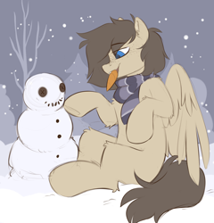 Size: 2174x2264 | Tagged: safe, artist:crimmharmony, oc, oc only, oc:snaggletooth, pegasus, pony, carrot, clothes, food, freckles, high res, male, scarf, snow, snowman, solo