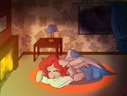 Size: 3200x2400 | Tagged: safe, artist:quillsadilla, oc, oc only, oc:scarlett lane, oc:snaggletooth, pegasus, pony, blanket, fire, fireplace, freckles, high res, lamp, pillow, sleeping