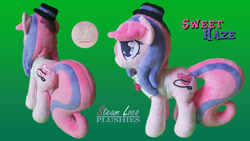 Size: 1920x1080 | Tagged: safe, artist:steam-loco, oc, oc only, oc:sweet haze, earth pony, pony, clothes, collar, commission, cute, earth pony oc, embroidery, fedora, hat, heart, irl, male, photo, plushie, simple background, solo