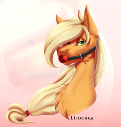 Size: 1219x1280 | Tagged: safe, artist:lisochka69, applejack, earth pony, pony, g4, ballgag, bust, digital art, female, gag, looking at you, simple background, solo