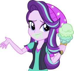 Size: 3119x3000 | Tagged: safe, artist:cloudy glow, starlight glimmer, equestria girls, equestria girls specials, g4, my little pony equestria girls: mirror magic, .ai available, beanie, food, hat, high res, ice cream, looking at you, shrug, simple background, smiling, solo, that human sure does love ice cream, that pony sure does love ice cream, transparent background, vector