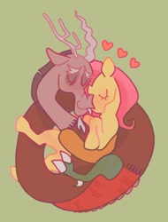 Size: 1063x1397 | Tagged: safe, artist:friendlyfloaty, discord, fluttershy, draconequus, pegasus, pony, g4, eyes closed, female, green background, heart, male, mare, ship:discoshy, shipping, simple background, smiling, snuggling, straight