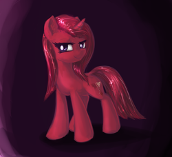 Size: 987x900 | Tagged: source needed, safe, artist:sapsan, oc, oc only, oc:iosis, pony, unicorn, female, gradient background, looking at you, mare, purple background, red, red coat, red hair, red mane, red tail, simple background, smug, solo, tail
