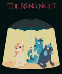 Size: 2500x3000 | Tagged: safe, artist:sixes&sevens, princess celestia, princess luna, oc, alicorn, pegasus, pony, fanfic:the rising night, g4, doctor who, fanfic, fanfic art, fanfic cover, high res, jumper, panama hat, pink-mane celestia, ponified, seventh doctor, umbrella, young celestia, young luna