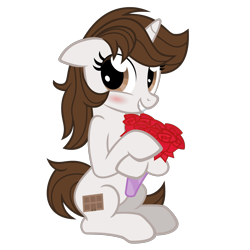 Size: 1500x1500 | Tagged: safe, artist:the smiling pony, oc, oc only, oc:dorm pony, pony, unicorn, 2022 community collab, derpibooru community collaboration, g4, .svg available, blushing, bouquet, brown mane, female, floppy ears, flower, full body, grin, hoof hold, horn, looking at you, mare, rose, show accurate, simple background, sitting, smiling, solo, svg, transparent background, unicorn oc, vector